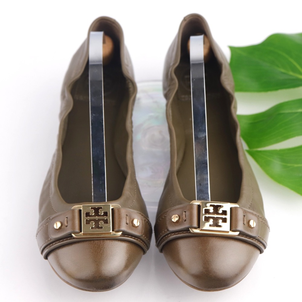 Tory Burch Womens‎ Ambrose Ballet Flats Size 7.5 M Brown Leather Gold Logo Shoes